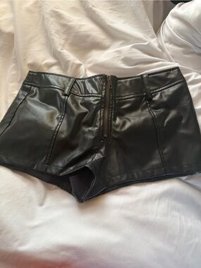SHEIN Black Faux Leather High-Waist Zip Front Shorts